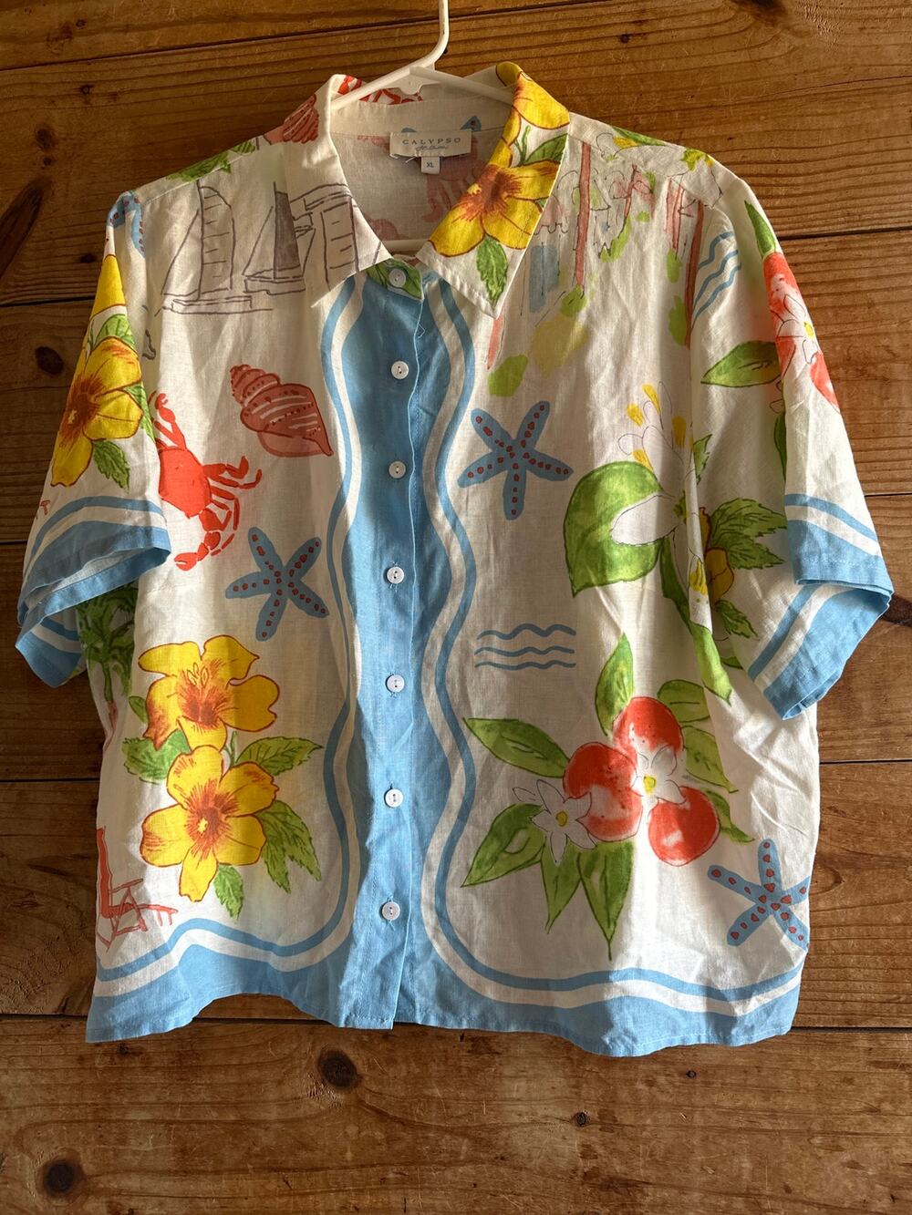 Calypso St Barth Linen Blend Beach Vacation Button Down Top
